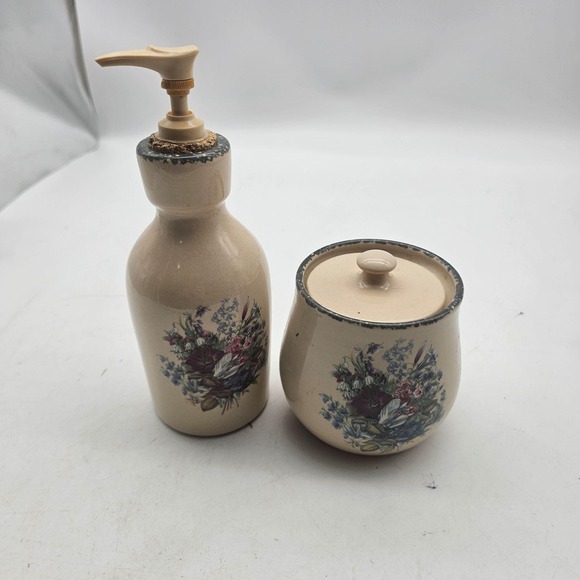 Home & Garden Party Ltd Other - Vintage Home & Garden Party Beige Floral Bathroom Soap Dispenser Jar Set